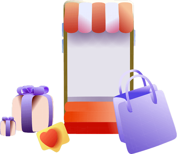 3D illustration of ecommerce elements including storefront, gift boxes, shopping bags, and credit card
